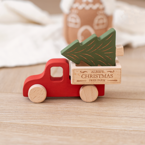Personalised Red Christmas Truck Wooden Toy With Tree