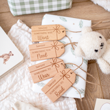 Personalised Wooden Gift Tags Set: Something you want, need, wear, read